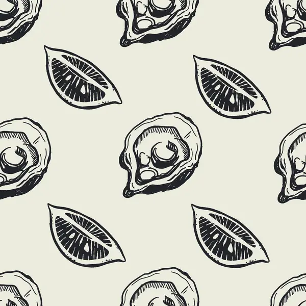 İstiridyeli kusursuz vektör deseni ve bej arka planda mavi mürekkep şeklinde limon çeyreklikleri. Sahil Akdeniz La Dolce Vita yaz atmosferli zarif el yapımı deniz ürünleri tasarımı..