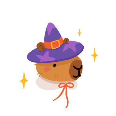 Cadılar Bayramı kapibarası seti hayalet, cadı, mumya, balkabağı ve mum gibi giyinmiş şirin hayvanlarla dolu. Balkabakları, mumları, yıldızları ve sihirli Cadılar Bayramı titreşimleriyle komik ürkütücü Bara çizimi.