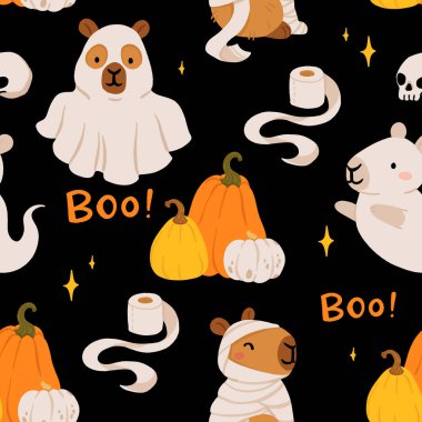 Tatlı cadılar bayramı kapibarasız desen, mumya, hayalet, cadı, balkabağı gibi giyinmiş ürkütücü çizgi film kapibaraları, mezar taşı, mum, süpürge, tuvalet kağıdı ve balkabağı, kawaii hayvan vektör geçmişi