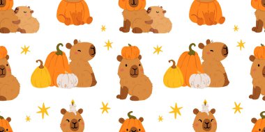 Tatlı cadılar bayramı kapibarasız desen, mumya, hayalet, cadı, balkabağı gibi giyinmiş ürkütücü çizgi film kapibaraları, mezar taşı, mum, süpürge, tuvalet kağıdı ve balkabağı, kawaii hayvan vektör geçmişi