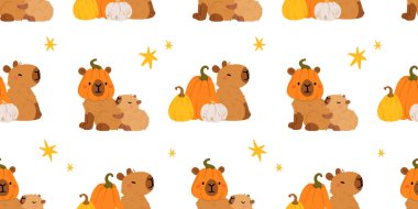 Tatlı cadılar bayramı kapibarasız desen, mumya, hayalet, cadı, balkabağı gibi giyinmiş ürkütücü çizgi film kapibaraları, mezar taşı, mum, süpürge, tuvalet kağıdı ve balkabağı, kawaii hayvan vektör geçmişi