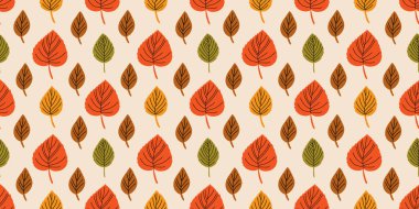 Renkli yapraklarla kusursuz sonbahar deseni. Düz vektör soyut yaprak arkaplanı ile renk paletini sonbaharda düşür
