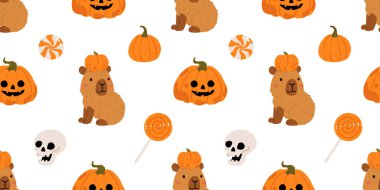 Tatlı cadılar bayramı kapibarasız desen, mumya, hayalet, cadı, balkabağı gibi giyinmiş ürkütücü çizgi film kapibaraları, mezar taşı, mum, süpürge, tuvalet kağıdı ve balkabağı, kawaii hayvan vektör geçmişi