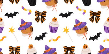 Tatlı cadılar bayramı kapibarasız desen, mumya, hayalet, cadı, balkabağı gibi giyinmiş ürkütücü çizgi film kapibaraları, mezar taşı, mum, süpürge, tuvalet kağıdı ve balkabağı, kawaii hayvan vektör geçmişi