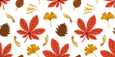 Meşe palamudu, kestane, sonbahar meşesi, akçaağaç ve turuncu, kırmızı, kahverengi ve sarı diğer yapraklarla kusursuz desen. Duvar kağıdı, hediye kağıdı, sonbahar tebrik kartları için mükemmel..