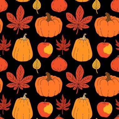 Sonbahar arkaplanı, balkabakları ve sonbahar yaprakları. Kusursuz desen. Renkli balkabakları, akçaağaç yaprakları ve böğürtlenli dağ külleri. İzole edilmiş. Vektör illüstrasyonu