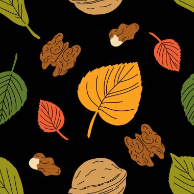 Meşe palamudu, kestane, sonbahar meşesi, akçaağaç ve turuncu, kırmızı, kahverengi ve sarı diğer yapraklarla kusursuz desen. Duvar kağıdı, hediye kağıdı, sonbahar tebrik kartları için mükemmel..
