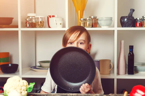 Cute Little Chef Holding Frying Pan Kitchen Funny Boy Wearing — Stock Photo, Image
