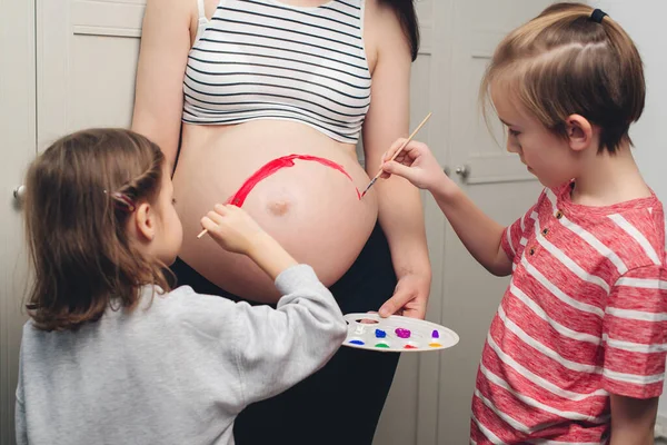 Baby Birth Expecting Time Belly Painting Happy Children Pregnant Mom — Stock Photo, Image