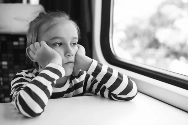 小男孩正在乘火车旅行 这孩子坐火车旅行 可爱的孩子从火车窗口往外看 家庭假期 生活方式 — 图库照片