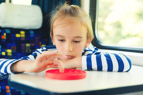 Cute Child Playing Popit Toy Travelling Train Travel Railway Entertainment — Stock Photo, Image