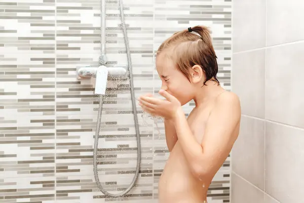 Cute Child Washing Himself Shower Happy Boy Having Shower Bathroom — Stock Photo, Image