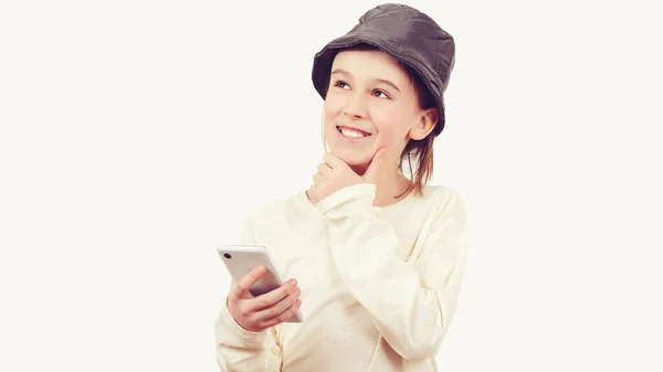 Söt Pojke Med Hjälp Smart Telefon Över Vit Bakgrund Smart — Stockfoto