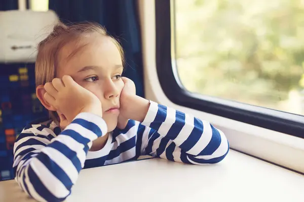 小男孩正在乘火车旅行 这孩子坐火车旅行 可爱的孩子从火车窗口往外看 家庭假期 生活方式 — 图库照片