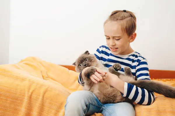 Niño Feliz Abrazando Gato Niño Relajándose Cama Con Mascota Infancia — Foto de Stock