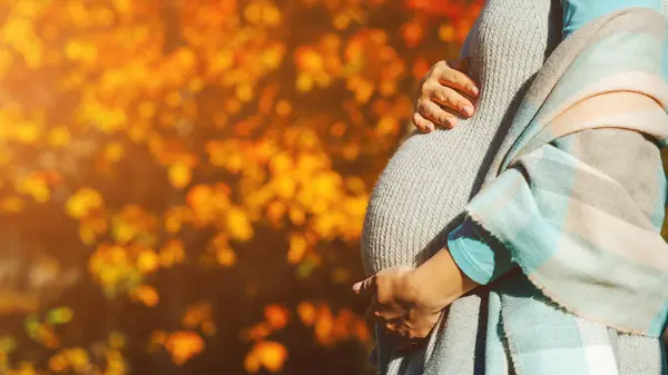Pregnant Woman Belly Autumn Background Pregnant Woman Touching Big Belly — Stockfoto