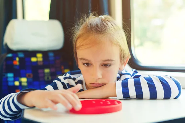 Cute Child Playing Popit Toy Travelling Train Travel Railway Entertainment — Stock Photo, Image
