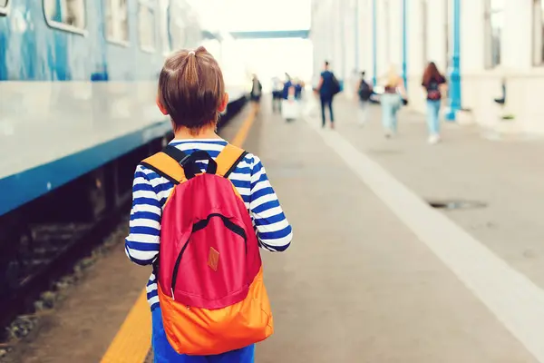 Boy Waiting Express Train Railway Station Platform Kid Backpack Subway — Stock Photo, Image