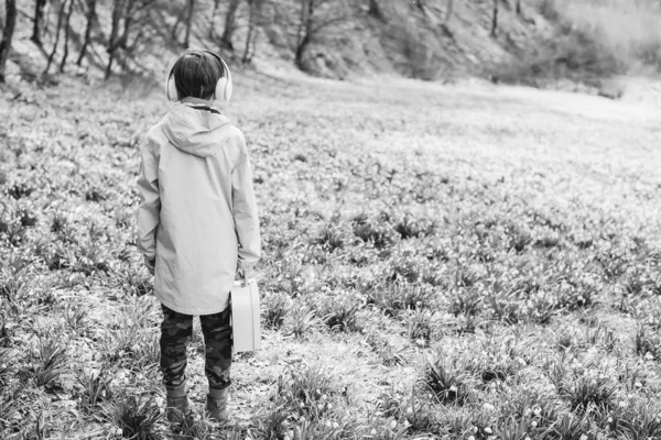 Doğada yürüyen sevimli çocuk. Kulaklıklı çocuk bahar parkında dinleniyor. Parkta kulaklıklı bir çocuğun arka görüntüsü..