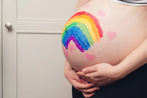 Belly Painting Rainbow Pregnant Woman Holding Belly Painting Waiting Baby — Stock Photo, Image