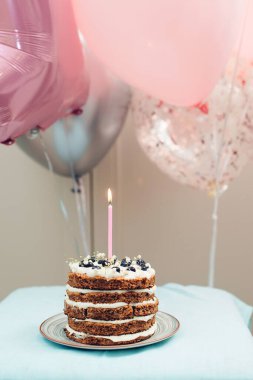 Doğum gününü kutlamak için tatlı pasta. İlk doğum günü partisi geçmişi. Mutlu çocukluk.