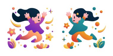 Neşeli bir çocuğun bembeyaz arka planda eski moda renklerde ters dönmüş elleri ve eski moda tarzları canlandırması.