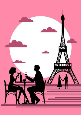 Uzakta Eyfel Kulesi olan Paris 'te Vector Sahne Aşkı