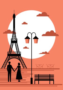 Vektör Grafiği: Akşam Şıklığı - Bir Çift Eyfel Kulesi Yakınlarında Paris Yürüyüşü Yapıyor