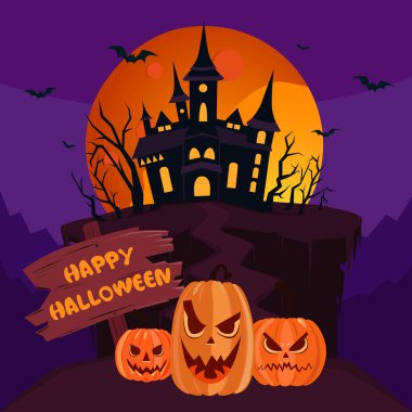 Cadılar Bayramı için düz arkaplan vektör arkaplan içinde balkabakları ve şato ile Mutlu Cadılar Bayramı