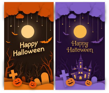 Vektör dikey arkaplan pankartları mutlu cadılar bayramı kağıt tarzı mor ve turuncu renkler