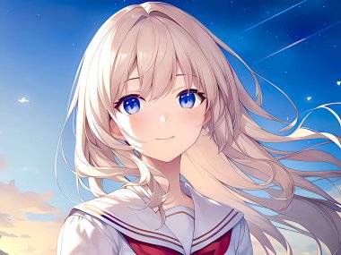 Anime kız portresi. Güzel Japon anime kızı, kızıl saçlı, beyaz ve mavi gökyüzü, anime. Japon tarzı, manga kızı. manga tarzı,