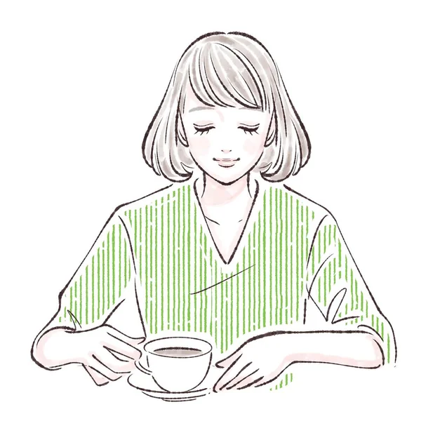 Frau Trinkt Heißen Tee Café — Stockfoto