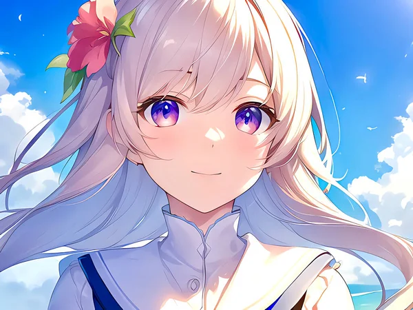 Anime Mädchenporträt Mit Weißen Blumen Und Meer Japanischer Stil Aquarell — Stockfoto
