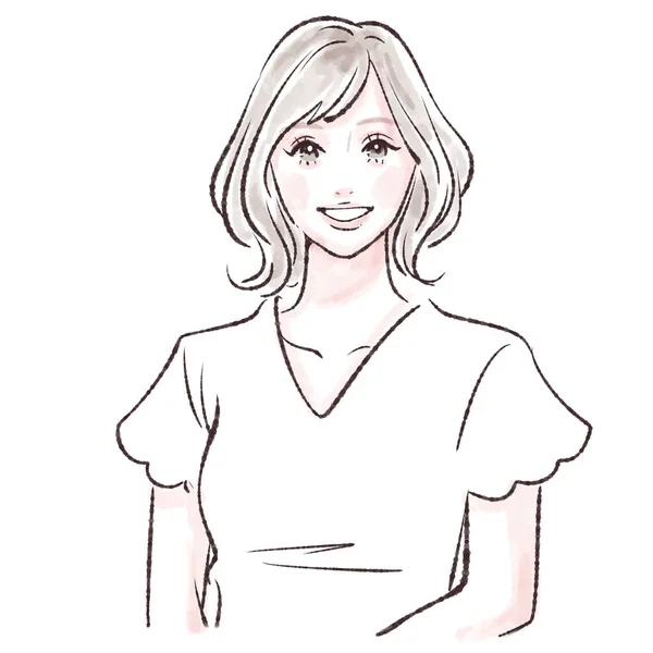 白いシャツと長い茶色の重い髪の若い女性のスケッチ ベクトルイラスト — ストック写真