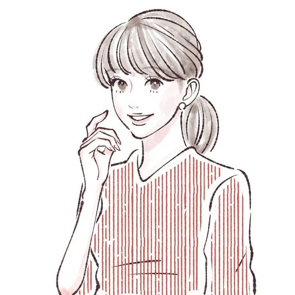 若い女の子は微笑んでいる 赤いセーターの女性のスケッチ 手描きイラスト — ストック写真