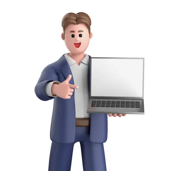 3D商人行政人员穿着套装站在空白屏幕笔记本电脑与白色背景隔离 3D渲染 — 图库照片