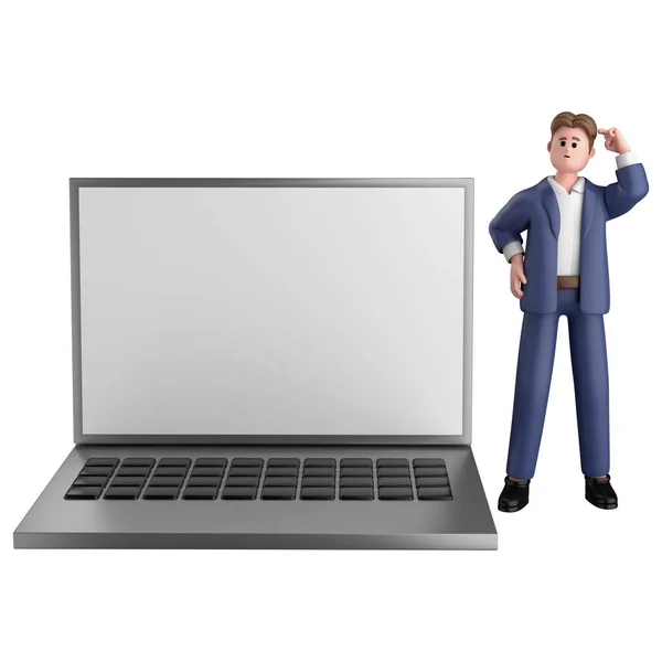 Affärsman Verkställande Pose Bär Kostym Stående Med Tom Skärm Laptop — Stockfoto