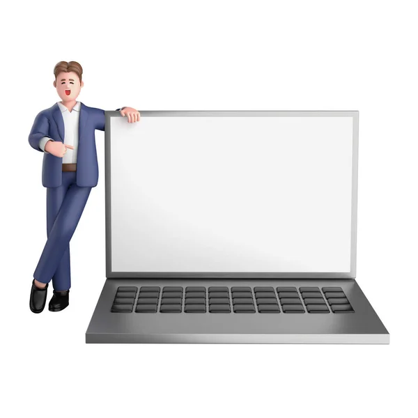 Biznesmen Wykonawczy Pozować Sobie Garnitur Stojąc Pustym Ekranem Laptop Izolowany — Zdjęcie stockowe