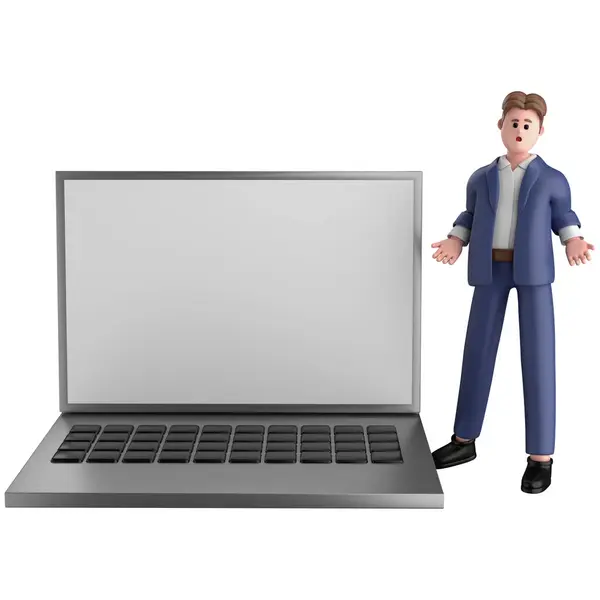 Biznesmen Wykonawczy Pozować Sobie Garnitur Stojąc Pustym Ekranem Laptop Izolowany — Zdjęcie stockowe