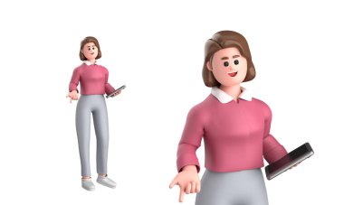 3D iş kadını yönetici pozu dizüstü bilgisayar, tablet, cep telefonu, megafon beyaz arka planda izole edilmiş, 3D görüntüleme