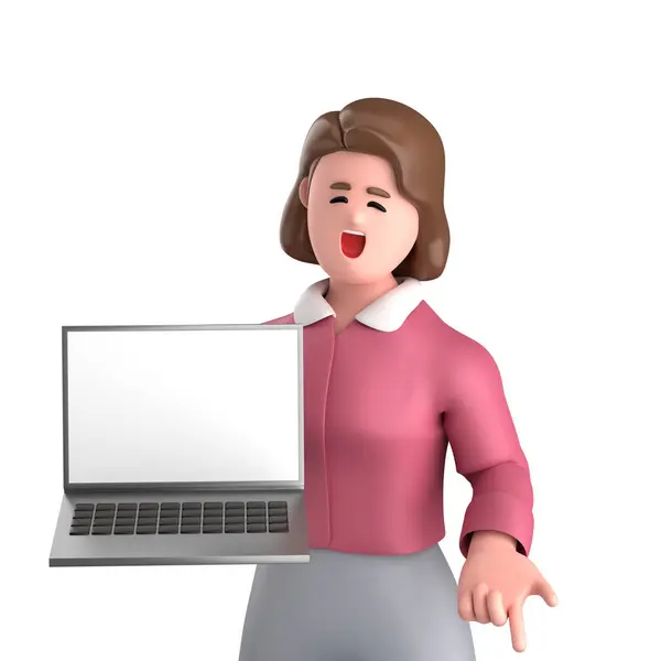Affärskvinna Verkställande Pose Stående Med Bärbar Dator Tablett Mobiltelefon Megafon — Stockfoto