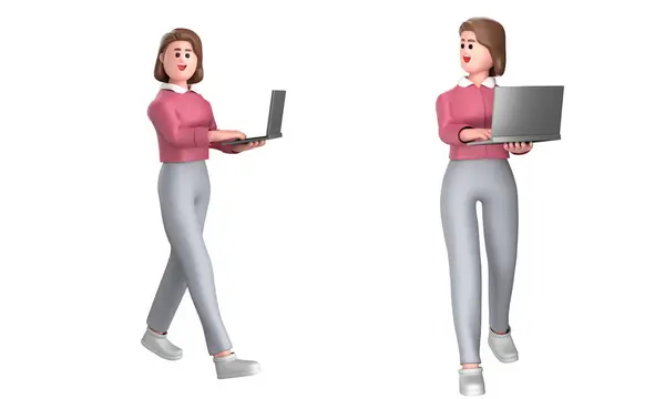 Geschäftsfrau Pose Stehend Mit Laptop Tablet Handy Megafon Isoliert Auf — Stockfoto