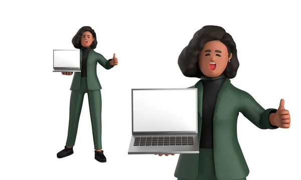 Černá Obchodní Žena Výkonný Nosit Zelený Oblek Póza Stojící Notebookem — Stock fotografie