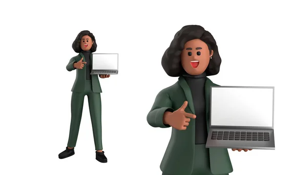 3D siyah iş kadını yöneticisi yeşil takım elbiseli, dizüstü bilgisayarlı, tabletli, cep telefonlu, beyaz arka planda izole edilmiş megafonla poz veriyor.