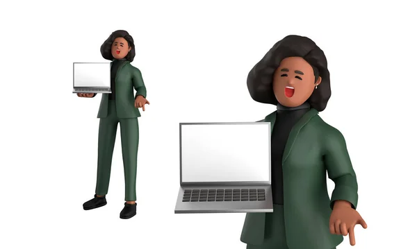 Černá Obchodní Žena Výkonný Nosit Zelený Oblek Póza Stojící Notebookem — Stock fotografie