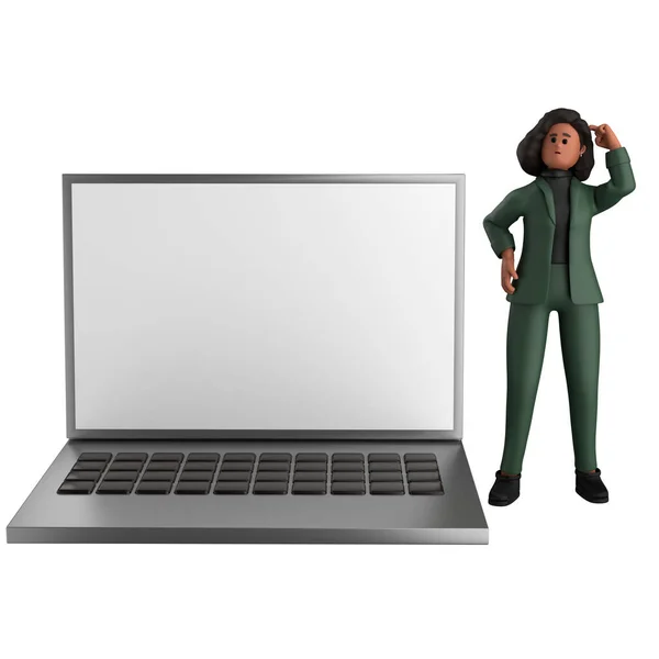 Siyah Kadını Yöneticisi Yeşil Takım Elbiseli Dizüstü Bilgisayarlı Tabletli Cep — Stok fotoğraf
