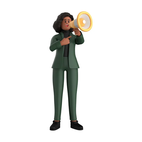 ラップトップ タブレット 携帯電話 ホワイトバックグラウンドで隔離されたメガフォン 3Dレンダリングで立っている緑のスーツを着た3D黒人ビジネス女性幹部 — ストック写真