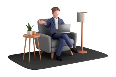 3D iş adamı pozu dizüstü bilgisayarla oturup beyaz arka planda izole edilmiş fikri düşünüyor, 3D görüntüleme