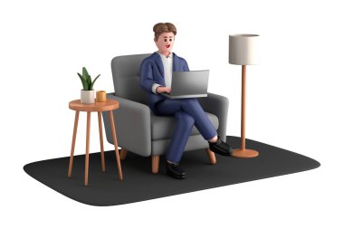 3D iş adamı pozu dizüstü bilgisayarla oturup beyaz arka planda izole edilmiş fikri düşünüyor, 3D görüntüleme