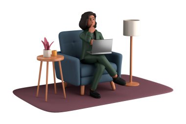 3D iş kadını yönetici pozu dizüstü bilgisayarla oturup beyaz arka planda izole edilmiş bir fikri düşünüyor.